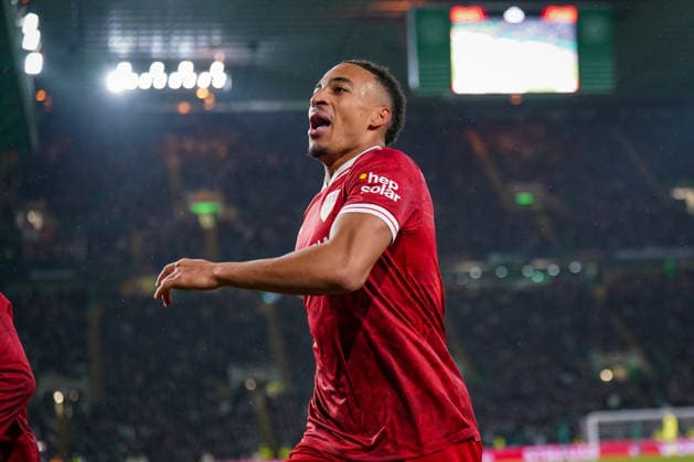 Football UEFA Europa League 2025 2026, Play Offs first leg Celtic FC Glasgow vs VfB Stuttgart Celtic Park Stadium Glasgow, Scotland Goal and goal celebration to 1 3 by Jamie Leweling VfB Stuttgart, 18 Joy, emotions, jubilation Copyright: xJOERANxSTEINSIEKx