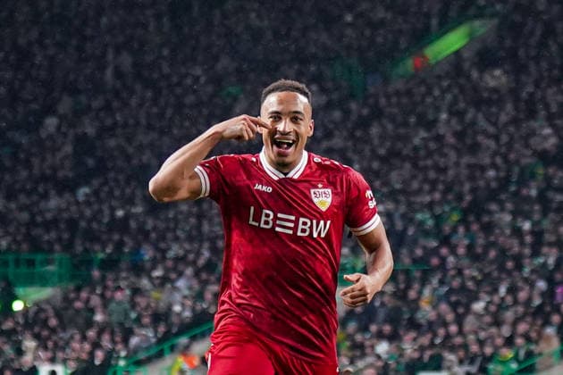 Football UEFA Europa League 2025 2026, Play Offs first leg Celtic FC Glasgow vs VfB Stuttgart Celtic Park Stadium Glasgow, Scotland Goal and goal celebration to 1 3 by Jamie Leweling VfB Stuttgart, 18 joy, emotion, cheering gesture, gesture, emotion, facial expression, facial expression, emotion Copyright: xJOERANxSTEINSIEKx