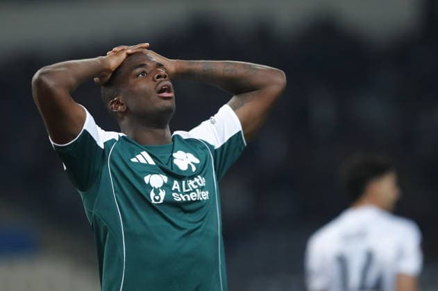 UEFA Europa League - Panathinaikos FC vs Victoria Plzen - Andreas Tetteh of Panathinaikos FC react during the UEFA Europa League Play-Offs 1st leg soccer match between Panathinaikos FC and Victoria Plzen in Olympic Athletic Center of Athens Spyros Louis , Athens, Greece, on 19 February 2026. IMAGO ONE INCH PRODUCTIONS ATHENS GREECE Copyright: xONExINCHxPRODUCTIONSx 6862023