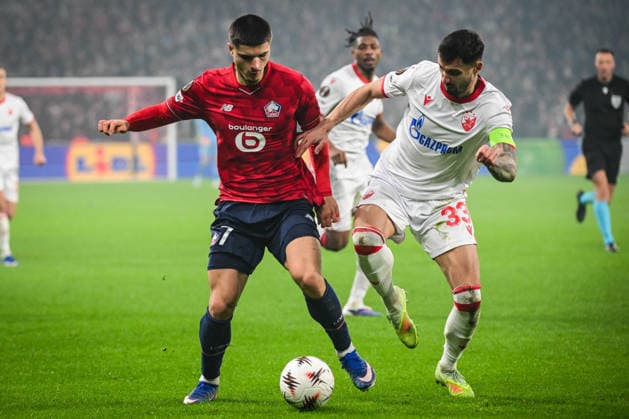 February 19, 2026, Villeneuve-D ascq, France, France: Matias FERNANDEZ-PARDO of Lille and Rade KRUNIC of Crvena Zvezda during the UEFA Europa League match between Lille OSC (LOSC) and Crvena Zvezda at Pierre Mauroy Stadium on February 19, 2026 in Villeneuve-d Ascq near Lille, France. Villeneuve-D ascq France - ZUMAm308 20260219_zsp_m308_010 Copyright: xMatthieuxMirvillex