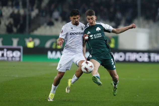 UEFA Europa League - Panathinaikos FC vs Victoria Plzen - Filip ÄuriÄiÄ‡ of Panathinaikos FC in action against Merchas Doski of Victoria Plzen during the UEFA Europa League Play-Offs 1st leg soccer match between Panathinaikos FC and Victoria Plzen in Olympic Athletic Center of Athens Spyros Louis , Athens, Greece, on 19 February 2026. IMAGO ONE INCH PRODUCTIONS ATHENS GREECE Copyright: xONExINCHxPRODUCTIONSx 6862055