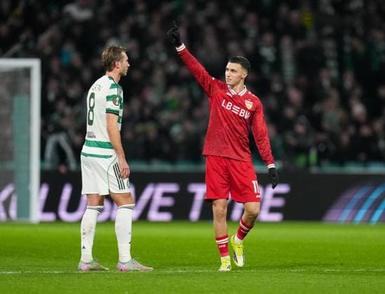 Bilal El Khannouss of Stuttgart celebrates scoring his 2nd goal of the game to give Stuttgart a 1-2 lead, with Celtic s goalscorer Benjamin Nygren of Celtic, left. Celtic v Stuttgart, UEFA Europa League, Knockout Round Play Offs, First Leg, Football, Celtic Park, Glasgow, Scotland, UK - 19 Feb 2026Glasgow Celtic Park Scotland United Kingdom EDITORIAL USE ONLY No use with unauthorised audio, video, data, fixture lists, club league logos or live services. Online in-match use limited to 120 images, no video emulation. No use in betting, games or single club league player publications. Copyright: xStuartxWallace Shutterstockx 16674319bc