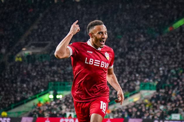 Football UEFA Europa League 2025 2026, Play Offs first leg Celtic FC Glasgow vs VfB Stuttgart Celtic Park Stadium Glasgow, Scotland Goal and goal celebration to 1 3 by Jamie Leweling VfB Stuttgart, 18 joy, emotion, cheering gesture, gesture, emotion, facial expression, facial expression, emotion Copyright: xJOERANxSTEINSIEKx