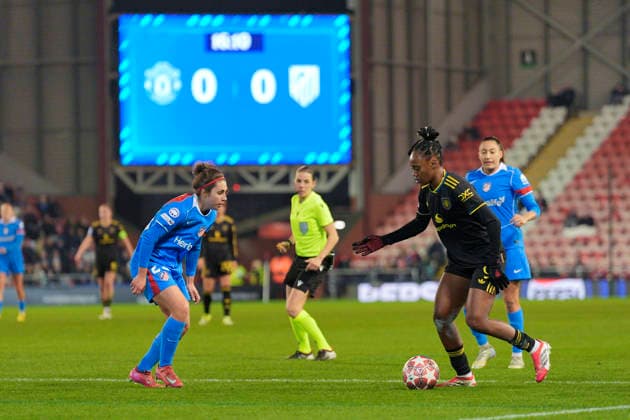 Manchester United, ManU Women v AtlÃ tico de Madrid Femenino, Leigh, UK - 19 {iptcmonthname3} 2026 Melvine Malard of Manchester United Women runs with the ball during the UEFA Women s Champions League, Knockout Round Play-Off Second Leg match between Manchester United Women and AtlÃ tico de Madrid Femenino at Leigh Sports Village, Leigh on 19 February 2026 ( Leigh Leigh Sports Village Greater Manchester England Copyright: xStevexFlynn PPAUKx PPA-249557