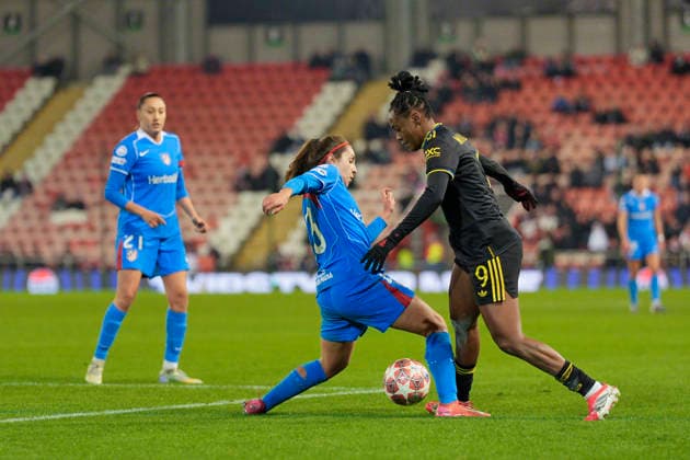 Manchester United, ManU Women v AtlÃ tico de Madrid Femenino, Leigh, UK - 19 {iptcmonthname3} 2026 Alexia Fernandez of Athetico Madrid Femenino tackles Melvine Malard of Manchester United Women during the UEFA Women s Champions League, Knockout Round Play-Off Second Leg match between Manchester United Women and AtlÃ tico de Madrid Femenino at Leigh Sports Village, Leigh on 19 February 2026 ( Leigh Leigh Sports Village Greater Manchester England Copyright: xStevexFlynn PPAUKx PPA-249558
