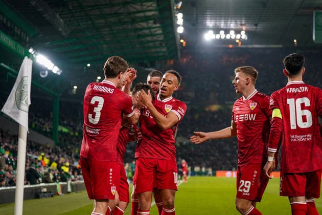Football UEFA Europa League 2025 2026, Play Offs first leg Celtic FC Glasgow vs VfB Stuttgart Celtic Park Stadium Glasgow, Scotland Goal and goal celebration to 1 4 by Ermedin Demirovic VfB Stuttgart, 9 Joy, emotions, jubilation after VAR check, but goal is annulled Copyright: xJOERANxSTEINSIEKx