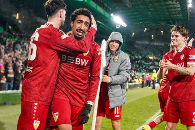 Football UEFA Europa League 2025 2026, Play Offs first leg Celtic FC Glasgow vs VfB Stuttgart Celtic Park Stadium Glasgow, Scotland Joy, emotions, jubilation at the 4 1 goal success by Tiago Tomas VfB Stuttgart, 8 Joy, emotions, jubilation, tears Glasgow Scotland United Kingdom Copyright: xJOERANxSTEINSIEKx