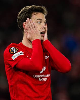 260219 Felix Horn Myhre of Brann looks dejected during the UEFA Europa League football match between Brann and Bologna on February 19, 2026 in Bergen Photo Marius Simensen BILDBYRAN COP 238 MM0056 bbeng bologna brann depp football fotball fotboll soccer uefa europa league  Copyright: MARIUSxSIMENSEN BB260219ZM111