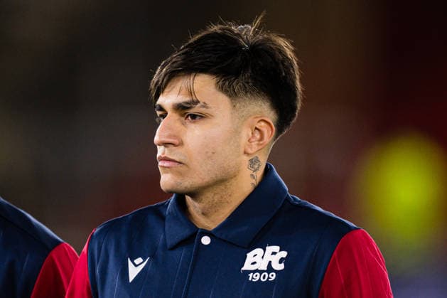 260219 Santiago Thomas Castro of Bologna ahead of the UEFA Europa League football match between Brann and Bologna on February 19, 2026 in Bergen Photo Marius Simensen BILDBYRAN COP 238 MM0056 bbeng bologna brann football fotball fotboll soccer uefa europa league  Copyright: MARIUSxSIMENSEN BB260219ZS110