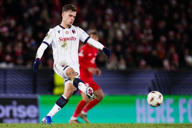 260219 Thijs Dallinga of Bologna during the UEFA Europa League football match between Brann and Bologna on February 19, 2026 in Bergen Photo Marius Simensen BILDBYRAN COP 238 MM0056 bbeng bologna brann football fotball fotboll soccer uefa europa league  Copyright: MARIUSxSIMENSEN BB260219ZN100