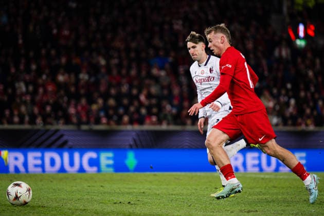 260219 Kristall Mani Ingason of Brann during the UEFA Europa League football match between Brann and Bologna on February 19, 2026 in Bergen Photo Marius Simensen BILDBYRAN COP 238 MM0056 bbeng bologna brann football fotball fotboll soccer uefa europa league  Copyright: MARIUSxSIMENSEN BB260219ZB121
