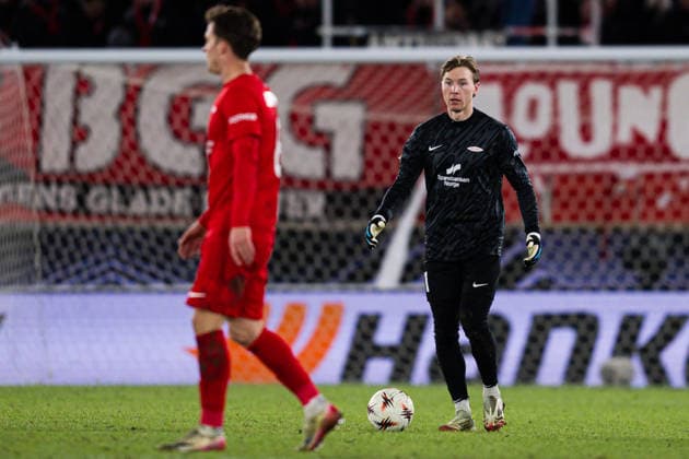 260219 Goalkeeper Mathias Dyngeland of Brann during the UEFA Europa League football match between Brann and Bologna on February 19, 2026 in Bergen Photo Marius Simensen BILDBYRAN COP 238 MM0056 bbeng bologna brann football fotball fotboll soccer uefa europa league  Copyright: MARIUSxSIMENSEN BB260219ZN103