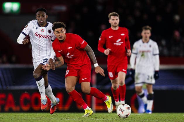 260219 Noah Holm of Brann during the UEFA Europa League football match between Brann and Bologna on February 19, 2026 in Bergen Photo Marius Simensen BILDBYRAN COP 238 MM0056 bbeng bologna brann football fotball fotboll soccer uefa europa league  Copyright: MARIUSxSIMENSEN BB260219ZN104