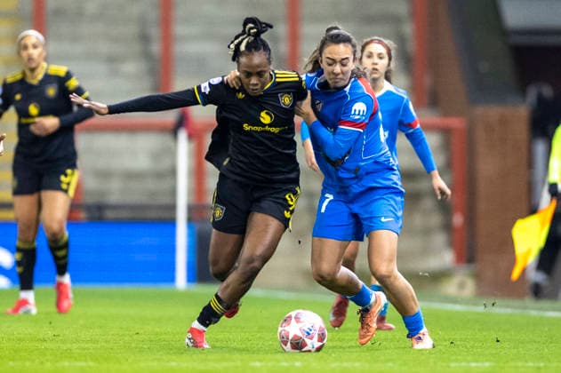 19th February 2026; Leigh Sports Village, Manchester, England; Womens Champions League Football, Manchester United, ManU versus Atletico Madrid; Melvine Malard of Manchester United Women is tackled by Synne Jensen of Atletico Madrid  TimxWilliams Content restricted for UK based newspaper