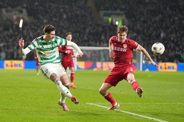 Tomas Cvancara of Celtic crosses the ball beyond Ramon Hendriks of Stuttgart. Celtic v Stuttgart, UEFA Europa League, Knockout Round Play Offs, First Leg, Football, Celtic Park, Glasgow, Scotland, UK - 19 Feb 2026Glasgow Celtic Park Scotland United Kingdom EDITORIAL USE ONLY No use with unauthorised audio, video, data, fixture lists, club league logos or live services. Online in-match use limited to 120 images, no video emulation. No use in betting, games or single club league player publications. Copyright: xStuartxWallace Shutterstockx 16674319br