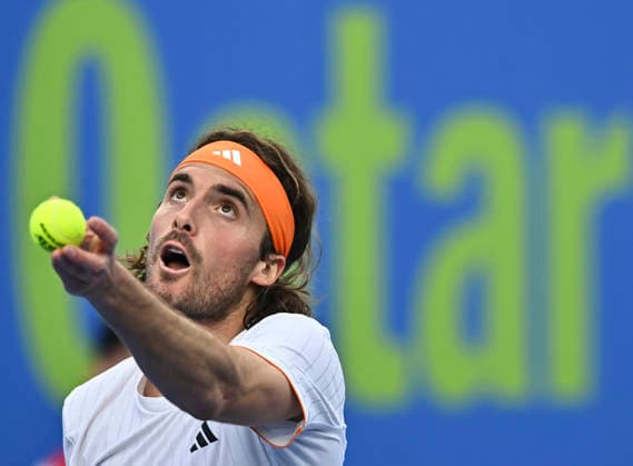 ATP, Tennis Herren Qatar Exxonmobil Open-Quarter Final Stefanos Tsitsipas of Greece competes against Andrey Rublev of Russia in the Quarter final at the ATP men s Qatar ExxonMobil Open 2026 tennis tournament at the Khalifa International Tennis Complex in Doha, Qatar, on February 19, 2026. DOHA Qatar Copyright: xNOUSHADx