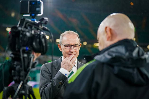 Football UEFA Europa League 2025 2026, Play Offs first leg Celtic FC Glasgow vs VfB Stuttgart Celtic Park Stadium Glasgow, Scotland Martin O Neill Martin Oneill Coach, Celtic Glasgow TV Interview Celtic TV Club Channel, facial expression, facial expression, emotion Copyright: xJOERANxSTEINSIEKx
