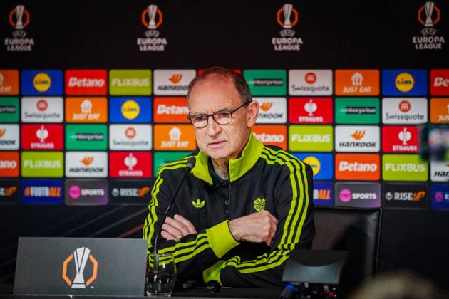 Football UEFA Europa League 2025 2026, Play Offs first leg Celtic FC Glasgow vs VfB Stuttgart Celtic Park Stadium Glasgow, Scotland Martin O Neill Martin Oneill Coach, Celtic Glasgow Press Conference, Media Copyright: xJOERANxSTEINSIEKx