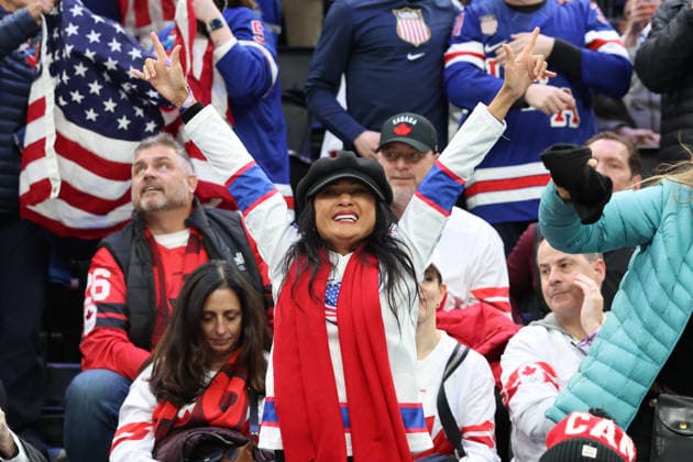 February 19, 2026, Milan, Lombardy, Italy: Team United States fans against Team Canada in the women s Ice hockey, Eishockey gold medal game during the Milano Cortina 2026 Olympic Winter games, Winterspiele,Spiele, Summer games at Milano Santagiulia Ice Hockey Arena. Olympics 2026: Milano Cortina: Ice Hockey-Women Finals - Gold Medal Game-USA V CAN  - ZUMAm117 20260219_oly_m117_099 Copyright: xDavidxMcIntyrex