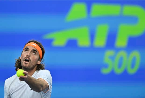February 19, 2026, Doha, Qatar: Stefanos Tsitsipas of Greece plays against Andrey Rublev of Russia (not in view) during their men s singles quarter final match at the ATP, Tennis Herren Qatar Exxonmobil Open 2026 tennis tournament at the Khalifa International Tennis Complex. Andrey Rublev won against Andrey Rublev 6-3,7-6. ATP Qatar Exxonmobil Open 2026 Tennis Tournament In Doha - 19 Feb 2026  - ZUMAs197 20260219_aaa_s197_186 Copyright: xNoushadxVariyattiyakkalx