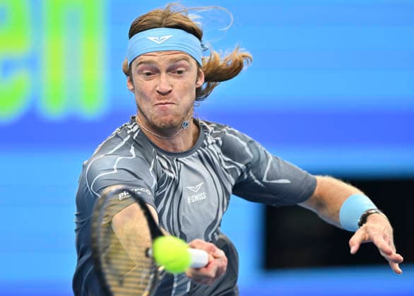 February 19, 2026, Doha, Qatar: Andrey Rublev of Russia plays against Stefanos Tsitsipas of Greece (not in view) during their men s singles quarter final match at the ATP, Tennis Herren Qatar Exxonmobil Open 2026 tennis tournament at the Khalifa International Tennis Complex. Andrey Rublev won against Andrey Rublev 6-3,7-6. Doha Qatar - ZUMAs197 20260219_aaa_s197_204 Copyright: xNoushadxVariyattiyakkalx