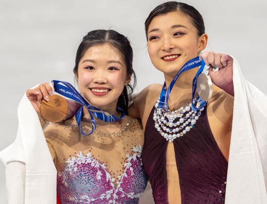 February 19, 2026, Milan, Lombardy, Italy: AMI NAKAI of Japan and her bronze medal, left and silver medalist also of Japan is Kaori SAKAMOTO after Free Skating medal round Thursday night at this Milano Cortina 2026 Olympics. Olympics 2026: Milano Cortina: Figure skating, Eiskunstlauf Women s  - ZUMAa35_ 20260219_oly_a35_037 Copyright: xDanielxA.xAndersonx
