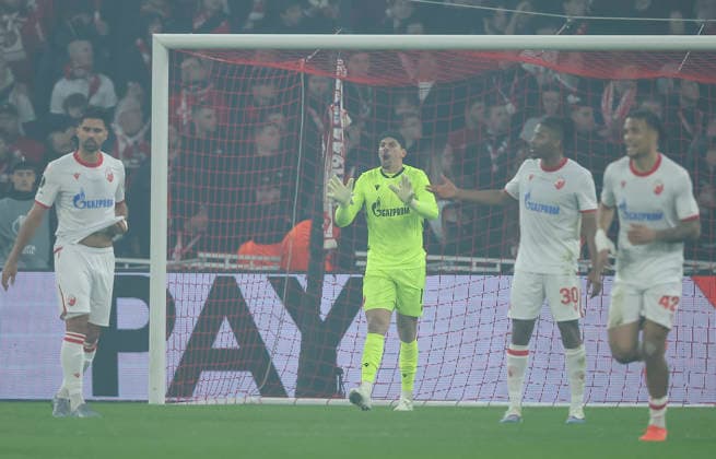 Lille v Crvena Zvezda, UEFA Europa League knock out play-offs 1st leg, season 2025 2026 from left Rodrigao, goalkeeper Matheus Magalhaes, Franklin Tebo Uchenna and Jay Enem of Crvena Zvezda during the UEFA Europa League 2025 26 League play-offs1st leg match between Lille and FK Crvena Zvezda at Stadium Pierre Mauroy on February 19, 2026 in Lille, France. Lille France Copyright: xPedjaxMilosavljevic STARSPORTx x