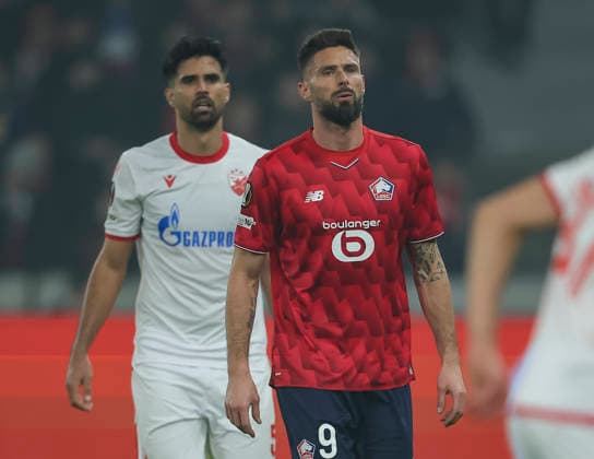 Lille v Crvena Zvezda, UEFA Europa League knock out play-offs 1st leg, season 2025 2026 Olivier Giroud (R) of Lille and Rodrigao (L) of Crvena Zvezda during the UEFA Europa League 2025 26 League play-offs1st leg match between Lille and FK Crvena Zvezda at Stadium Pierre Mauroy on February 19, 2026 in Lille, France. Lille France Copyright: xPedjaxMilosavljevic STARSPORTx x