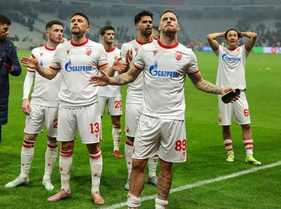 Lille v Crvena Zvezda, UEFA Europa League knock out play-offs 1st leg, season 2025 2026 from left Nikola Stankovic, Milos Veljkovic, Tomas Handel, Rodrigao, Marko Arnautovic and Seol Young-woo celebrate after winning the UEFA Europa League 2025 26 League play-offs1st leg match between Lille and FK Crvena Zvezda at Stadium Pierre Mauroy on February 19, 2026 in Lille, France. Lille France Copyright: xPedjaxMilosavljevic STARSPORTx x