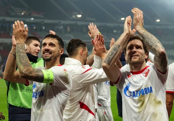Lille v Crvena Zvezda, UEFA Europa League knock out play-offs 1st leg, season 2025 2026 Rade Krunic (L) and Aleksandar Katai of Crvena Zvezda celebrate after winning the UEFA Europa League 2025 26 League play-offs1st leg match between Lille and FK Crvena Zvezda at Stadium Pierre Mauroy on February 19, 2026 in Lille, France. Lille France Copyright: xPedjaxMilosavljevic STARSPORTx x