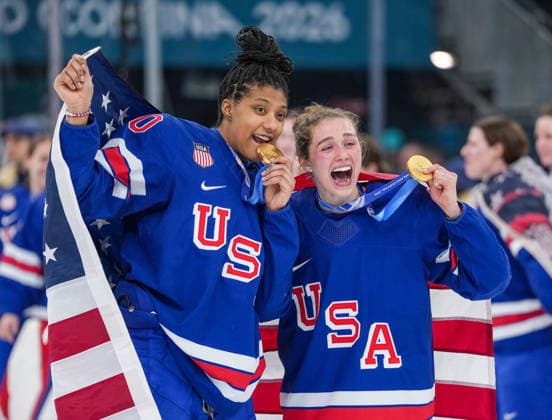 260219 -- MILAN, Feb. 19, 2026 -- Laila Edwards and Caroline Harvey of the United States celebrate after the Ice hockey, Eishockey women s gold medal game between the United States and Canada at the Milan-Cortina 2026 Olympic Winter games, Winterspiele,Spiele, Summer games in Milan, Italy, Feb. 19, 2026. MICO2026ITALY-MILAN-OLYMPIC WINTER GAMES-ICE HOCKEY-WOMEN-GOLD MEDAL GAME-USA VS CAN SunxFei  (MICO2026)ITALY-MILAN-OLYMPIC WINTER GAMES-ICE HOCKEY-WOMEN-GOLD MEDAL GAME-USA VS CAN IMAGO SunxFei  imago images 0848108245