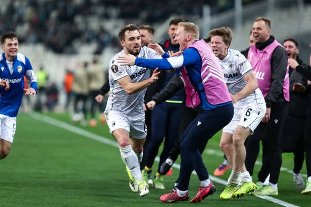 Panathinaikos FC v FC Viktoria Plzen - UEFA Europa League 2025 26 Knockout Play-off First Leg Tomas Ladra of Viktoria Plzen celebrates a goal with his teammates during the UEFA Europa League play-offs 1st leg game between Panathinaikos and Viktoria Plzen at Oaka Stadium in Athens, Greece, on February 19, 2026.  Copyright: xStefanosxKyriazisx originalFilename:kyriazis-panathin260219_npdCF.jpg