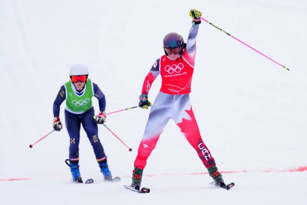 February 20, 2026, Livigno, Italy: Canada s Marielle Thompson pumps her fist after crossing the finish line during the women s ski cross 1 8 finals at the Milano Cortina 2026 Winter Olympic Games, Olympische Spiele, Olympia, OS in Livigno, Italy, Friday, Feb. 20, 2026. Canada News - February 20, 2026  - ZUMAc35_ 20260220_zaf_c35_002 Copyright: xSeanxKilpatrickx