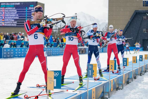 Winter Olympics in Milan Cortina 2026 Anterselva, Italy 20260220. Sturla Holm Laegreid from Norway, Johannes Dale-Skjevdal from Norway, Quentin Fillon Maillet from France, Vetle Sjaastad Christiansen from Norway and Emilien Jacquelin from France during the men s 15 km mass start in biathlon during the Winter Olympics in Milano Cortina 2026. Photo: Heiko Junge NTB Anterselva Italy EDITORIAL USE ONLY. RESTRICTED USE FOR BETTING COMPANIES Ref:_SPOekUzslwDxo8.jpg *** Winter Olympics in Milan Cortina 2026 Anterselva, Italy 20260220 Sturla Holm Laegreid from Norway, Johannes Dale Skjevdal from Norway, Quentin Fillon Maillet from France, Vetle Sjaastad Christiansen from Norway and Emilien Jacquelin from France during the men s 15 km mass start in biathlon during the Winter Olympics in Milano Cortina 2026 Photo Heiko Junge NTB Anterselva Italy EDITORIAL USE ONLY RESTRICTED USE FOR BETTING COMPANIES  Copyright: xHeikoxJungex xNTBx