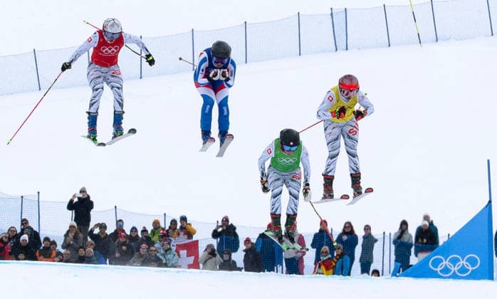 OLYMPICS - Winter Olympic Games, Olympische Spiele, Olympia, OS Milano Cortina 2026 LIVIGNO,ITALY,20.FEB.26 - OLYMPICS, SKI CROSS - Winter Olympic Games Milano Cortina 2026, Skicross, women, final. Image shows Saskja Lack (SUI), Anouck Errard (FRA), Sixtine Cousin (SUI) and Talina Gantenbein (SUI).  GEPAxpictures xWolfgangxGrebien