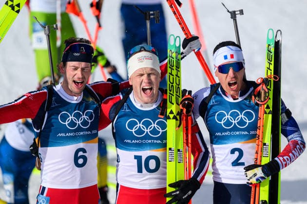 260220 Sturla Holm Laegreid of Norway, Johannes Dale-Skjevdal of Norway and Quentin Fillon Maillet of France celebrate after the men s biathlon 15 km mass start during day 14 of the 2026 Winter Olympics on February 20, 2026 in Anterselva. Photo: Mathias Bergeld BILDBYRAN kod MB MB1339 skidskytte biathlon skiskyting Olympic Games, Olympische Spiele, Olympia, OS olympics winter olympics os ol olympiska spel vinter-os olympiske leker milano cortina 2026 milan cortina 2026 milano cortina 2026 olympic games milano cortina 2026 winter olympic games milano cortina-os milano cortina-ol vinter-ol 14 bbeng masstart mass start jubel celebration norge guld gold os-guld *** 260220 Sturla Holm Laegreid of Norway, Johannes Dale Skjevdal of Norway and Quentin Fillon Maillet of France celebrate after the men s biathlon 15 km mass start during day 14 of the 2026 Winter Olympics on February 20, 2026 in Anterselva Photo Mathias Bergeld BILDBYRAN code MB MB1339 biathlon biathlon biathlon olympic games olympics olympics winter olympics os ol olympiska spel vinter os olympiske leker milano cortina 2026 milan cortina 2026 milano cortina 2026 olympic games milano cortina 2026 winter olympic games milano cortina os milano cortina ol vinter ol 14 bbeng masstart mass start jubel celebration norge guld gold os guld  Copyright: MATHIASxBERGELD BB260220MB042