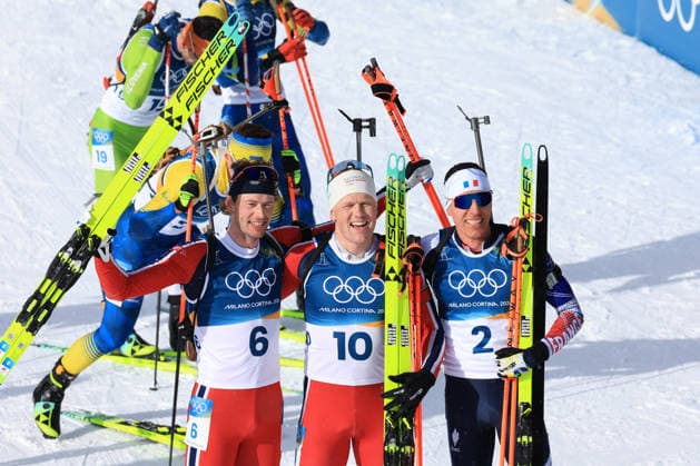SH Laegreid (NOR) J Dale Skjevdal (NOR) Q Fillon Maillet (FRA) during Olympic Winter games, Winterspiele,Spiele, Summer games Milano-Cortina 2026, Biathlon Men s 15 km Mass Start on February 20, 2026 at Antholz-Anterselva Biathlon Arena in Anterselva, Italy  Copyright: xLucianoxMariaxBisi IPAxSportx xipa-agency.netx xx IPA_71775760 IPA_Agency_IPA71775760