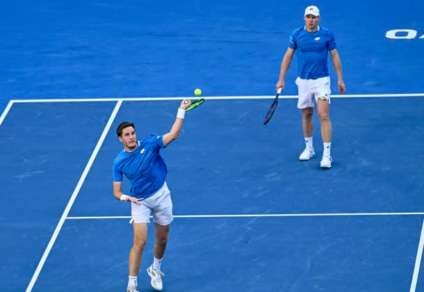 ATP, Tennis Herren Qatar ExxonMobil Open-Doubles Final Harri Heliovaara (R) of Finland and Henry Patten of Great Britain competes against Julian Cash and Lloyd Glasspool of Great Britain in the Doubles Final match at the ATP men s Qatar ExxonMobil Open 2026 tennis tournament at the Khalifa International Tennis Complex in Doha, Qatar, on February 20, 2026. DOHA Qatar Copyright: xNOUSHADx