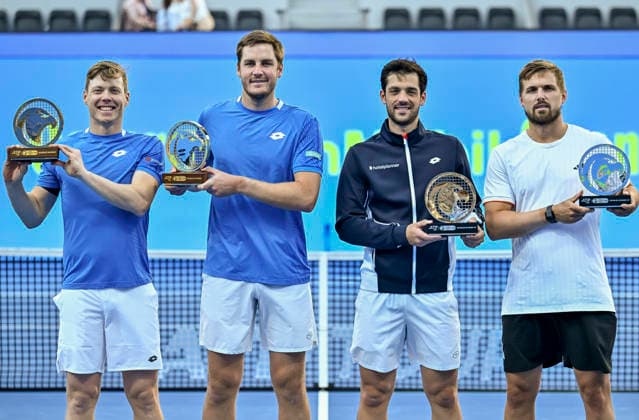 ATP, Tennis Herren Qatar ExxonMobil Open-Doubles Final Winners Harri Heliovaara (L) of Finland and Henry Patten (2-L) of Great Britain and runners-up Julian Cash (2-R) and Lloyd Glasspool (R) of Great Britain pose during awarding ceremony after the men s Doubles Final match at the ATP Qatar ExxonMobil Open 2026 tennis tournament at the Khalifa International Tennis Complex in Doha, Qatar, on February 20, 2026. DOHA Qatar Copyright: xNOUSHADx