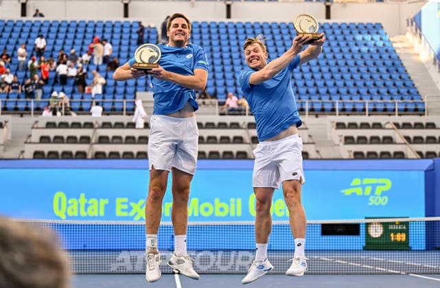 ATP, Tennis Herren Qatar ExxonMobil Open-Doubles Final Harri Heliovaara of Finland and Henry Patten of Great Britain pose with their trophies after winning their menÕs Doubles Final match against Julian Cash and Lloyd Glasspool of Great Britain during the ATP Qatar ExxonMobil Open 2026 tennis tournament at the Khalifa International Tennis Complex in Doha, Qatar, on February 20, 2026. DOHA Qatar Copyright: xNOUSHADx