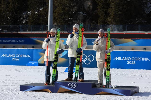 Winter Olympics - Biathlon Men Mass Start 15 Kilometers Podium SH Laegreid (NOR) J Dale Skjevdal (NOR) Q Fillon Maillet (FRA) during Olympic Winter games, Winterspiele,Spiele, Summer games Milano-Cortina 2026, Biathlon Men s 15 km Mass Start on February 20, 2026 at Antholz-Anterselva Biathlon Arena in Anterselva, Italy Photo by Luciano Maria Bisi IPA ABACAPRESS.COM Cortina D Ampezzo Italy  Copyright: xIPAxSport ABACAx