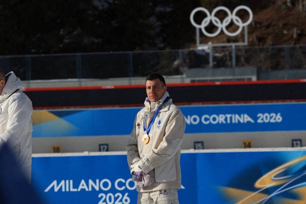 Winter Olympics - Biathlon Men Mass Start 15 Kilometers Podium Q Fillon Maillet (FRA) during Olympic Winter games, Winterspiele,Spiele, Summer games Milano-Cortina 2026, Biathlon Men s 15 km Mass Start on February 20, 2026 at Antholz-Anterselva Biathlon Arena in Anterselva, Italy Photo by Luciano Maria Bisi IPA ABACAPRESS.COM Cortina D Ampezzo Italy  Copyright: xIPAxSport ABACAx