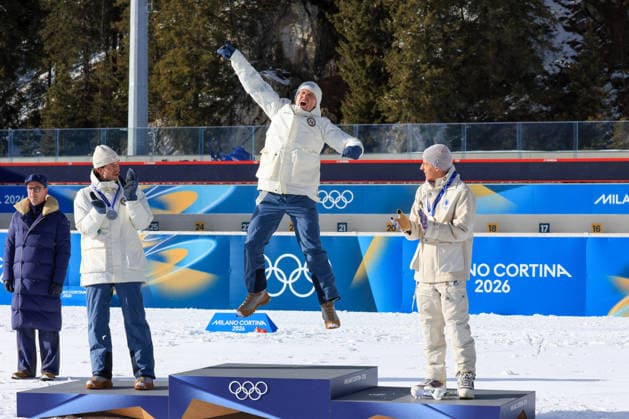 Winter Olympics - Biathlon Men Mass Start 15 Kilometers Podium J Dale Skjevdal (NOR) during Olympic Winter games, Winterspiele,Spiele, Summer games Milano-Cortina 2026, Biathlon Men s 15 km Mass Start on February 20, 2026 at Antholz-Anterselva Biathlon Arena in Anterselva, Italy Photo by Luciano Maria Bisi IPA ABACAPRESS.COM Cortina D Ampezzo Italy  Copyright: xIPAxSport ABACAx