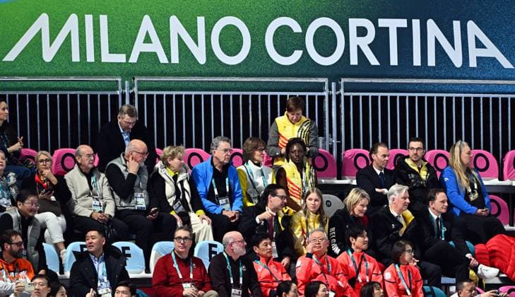 Belgian ambassador to Italy, Andy Detaille, Princess Eleonore, Queen Mathilde of Belgium, King Philippe - Filip of Belgium and BOIC - COIB chairman Jean-Michel Saive attend the Women s 1500m Speed skating, Eisschnelllauf race at the Milano Cortina 2026 Olympic Winter games, Winterspiele,Spiele, Summer games on Friday 20 February 2026 in Milan, Italy. The XXV Winter Olympics take place from 6 to 22 February 2026 in Italy. JASPERxJACOBS  x164334425x