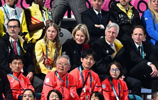 Belgian ambassador to Italy, Andy Detaille, Princess Eleonore, Queen Mathilde of Belgium, King Philippe - Filip of Belgium and BOIC - COIB chairman Jean-Michel Saive attend the Women s 1500m Speed skating, Eisschnelllauf race at the Milano Cortina 2026 Olympic Winter games, Winterspiele,Spiele, Summer games on Friday 20 February 2026 in Milan, Italy. The XXV Winter Olympics take place from 6 to 22 February 2026 in Italy. JASPERxJACOBS  x164334742x