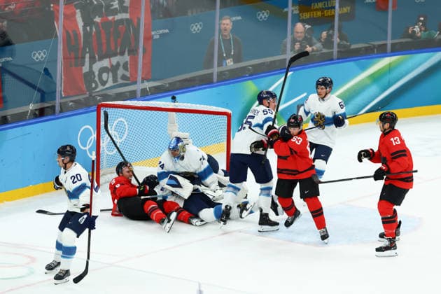 February 20, 2026, Milan, Lombardy, Italy: SAM BENNET 9 of Canada is sent in the penalty box for interference on the goalkeeper during the Semifinal game between Team Canada (CAN) and Team Finland (FIN) at the Milano Cortina 2026 Olympic Games, Olympische Spiele, Olympia, OS Olympics 2026: Milano Cortina: Ice hockey, Eishockey Men: CAN:FIN  - ZUMAc179 20260220_oly_c179_006 Copyright: xMickaelxChavetx