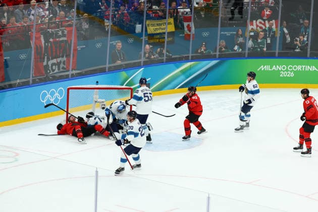 February 20, 2026, Milan, Lombardy, Italy: SAM BENNET of Canada is sent in the penalty box for interference on the goalkeeper during the Semifinal game between Team Canada (CAN) and Team Finland (FIN) at the Milano Cortina 2026 Olympic Games, Olympische Spiele, Olympia, OS Olympics 2026: Milano Cortina: Ice hockey, Eishockey Men: CAN:FIN  - ZUMAc179 20260220_oly_c179_007 Copyright: xMickaelxChavetx