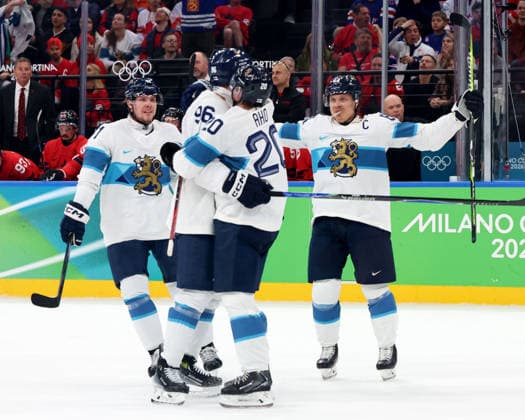February 20, 2026, Milan, Lombardy, Italy: Mikko Rantanen (96) of Team Finland celebrates with teammates a goal against Team Canada in a men s Ice hockey, Eishockey semifinal during the Milano Cortina 2026 Olympic Winter games, Winterspiele,Spiele, Summer games at Milano Santagiulia Ice Hockey Arena Milan Italy - ZUMAm117 20260220_oly_m117_007 Copyright: xDavidxMcIntyrex