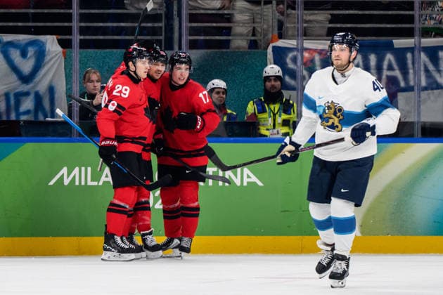 260220 Nathan MacKinnon, Sam Reinhart and Macklin Celebrini of Canada celebrate the 1-2 goal in the men s Ice hockey, Eishockey semifinal between Canada and Finland during day 14 of the 2026 Winter Olympics on February 20, 2026 in Milan. Photo: Carl Sandin BILDBYRAN kod CS CS0887 ishockey ice hockey Olympic Games, Olympische Spiele, Olympia, OS olympics winter olympics os ol olympiska spel vinter-os olympiske leker milano cortina 2026 milan cortina 2026 milano cortina 2026 olympic games milano cortina 2026 winter olympic games milano cortina-os milano cortina-ol vinter-ol 14 bbeng finland canada kanada jubel *** 260220 Nathan MacKinnon, Sam Reinhart and Macklin Celebrini of Canada celebrate the 1 2 goal in the men s ice hockey semifinal between Canada and Finland during day 14 of the 2026 Winter Olympics on February 20, 2026 in Milan Photo Carl Sandin BILDBYRAN kod CS CS0887 ishockey ice hockey olympic games olympics winter olympics os ol olympiska spel vinter os olympiske leker milano cortina 2026 milan cortina 2026 milano cortina 2026 olympic games milano cortina 2026 winter olympic games milano cortina os milano cortina ol vinter ol 14 bbeng finland canada kanada jubel  Copyright: CARLxSANDIN BB260220CS024