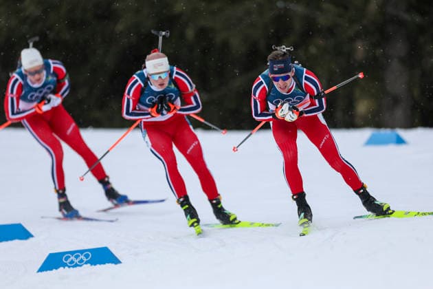 (260220) -- ANTERSELVA, Feb. 20, 2026 -- Sturla Holm Laegreid (R) of Norway competes during the biathlon men s 15km mass start event at the 2026 Milan-Cortina Winter Olympics in Anterselva, Italy, Feb. 20, 2026. ) (MICO2026)ITALY-ANTERSELVA-OLYMPIC Winter games, Winterspiele,Spiele, Summer games BIATHLON-MEN S 15KM MASS START ZhangxTao 